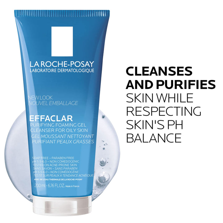 White plastic tube with blue cap and rectangular logo, front-printed text and flip-top cap, la Roche Posay