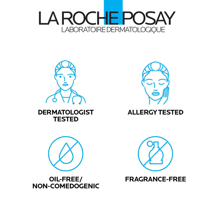 White plastic tube with blue cap and rectangular logo, front-printed text and flip-top cap, la Roche Posay