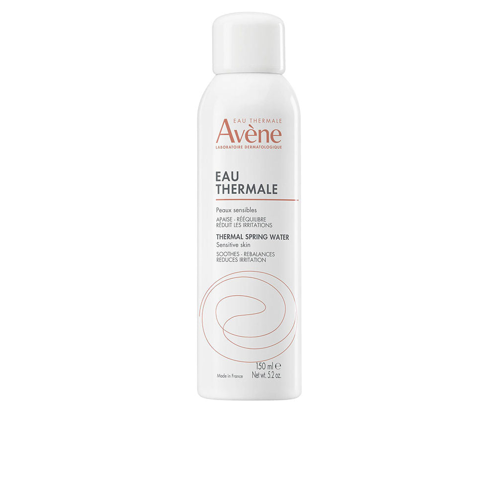 Avène White cylindrical plastic spray bottle with printed logo and text, minimalist thermal spring water design
