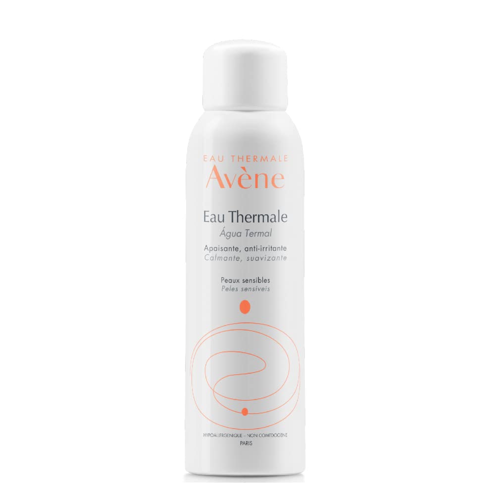 Avène White cylindrical plastic spray bottle with printed logo and text, minimalist thermal spring water design