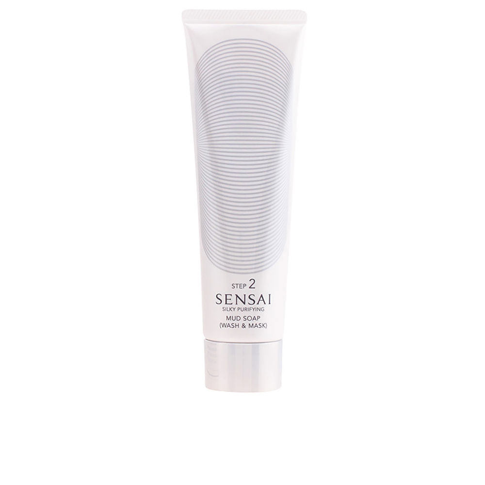 Sensai White plastic tube mud soap with striped oval design, screw cap and printed text