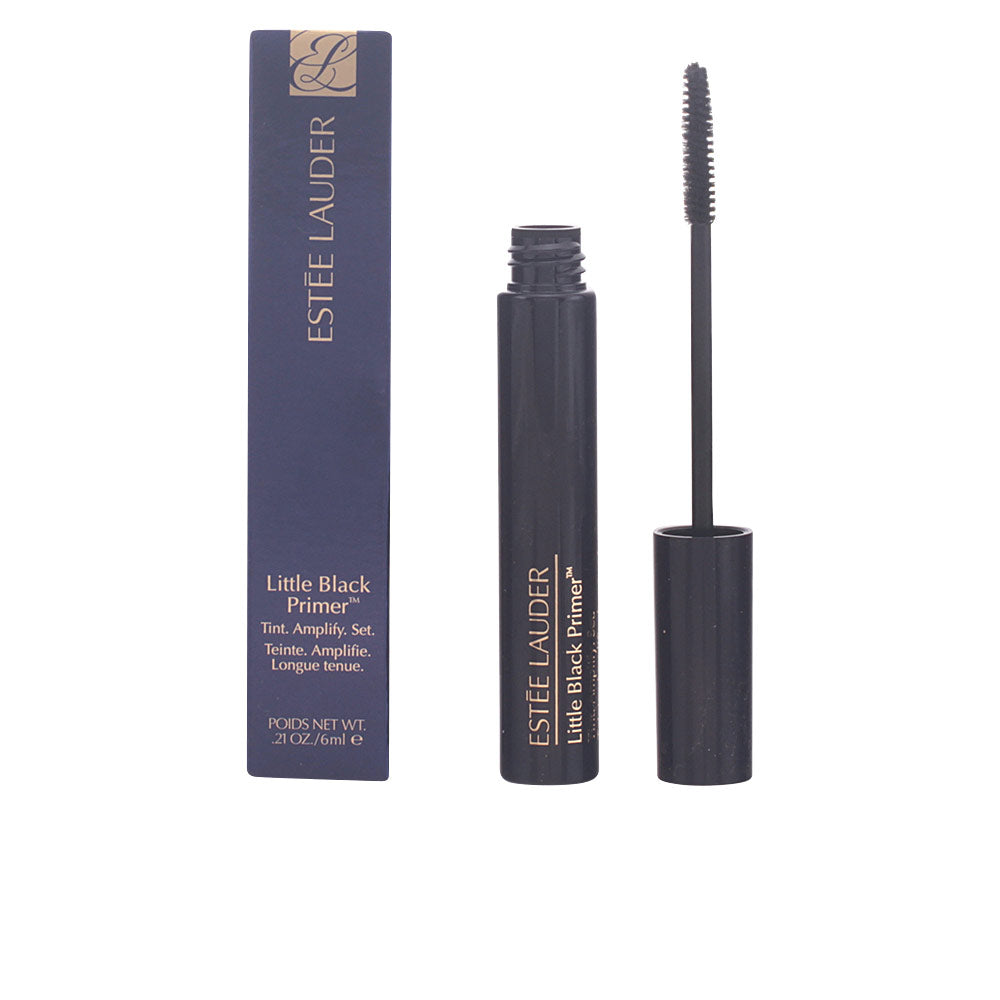 Estée Lauder Small black plastic cylindrical mascara primer with brush applicator, gold text and boxed packaging