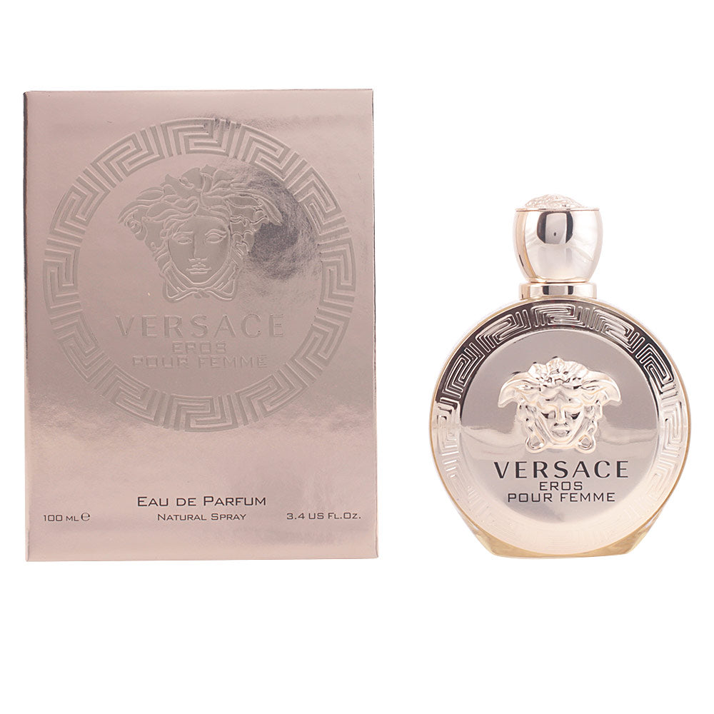 Round golden perfume bottle with Medusa motif, 30 ml, floral‑woody EDP