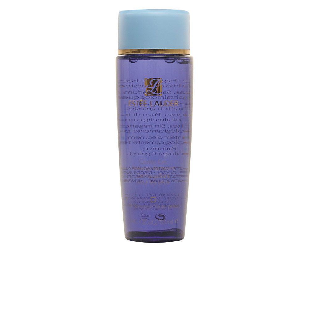 Estée Lauder Transparent cylindrical plastic bottle with purple, light-blue and gold accents, screw-cap closure, Est e9e Lauder