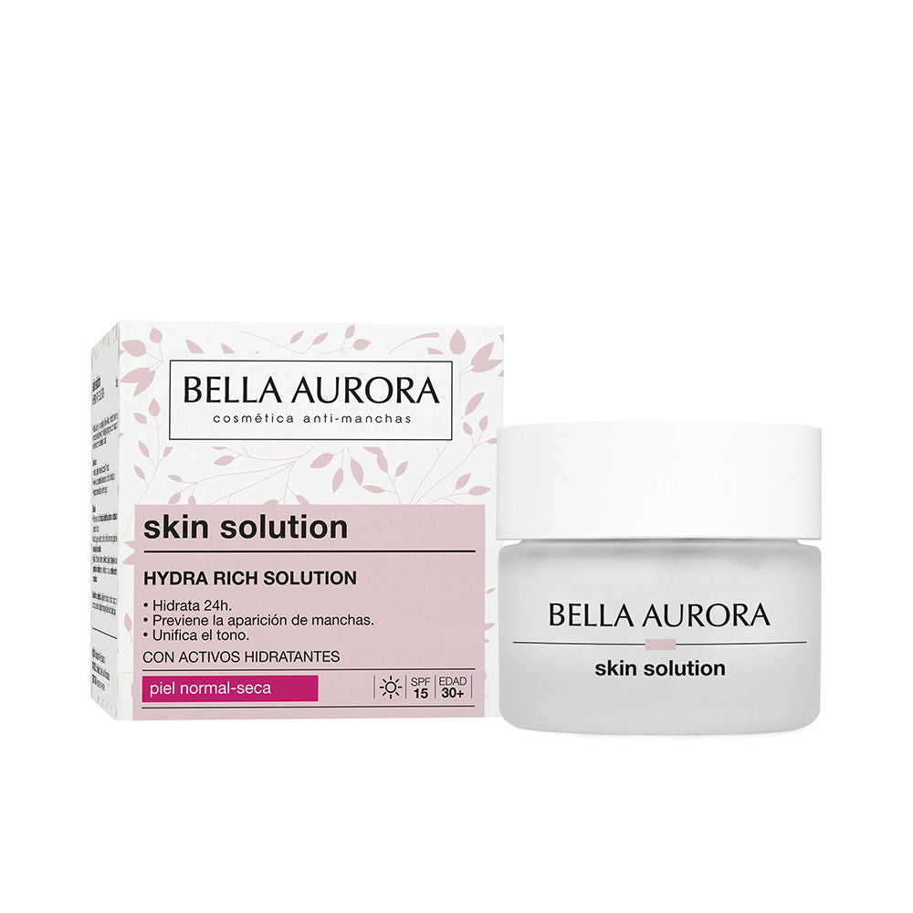 Luxurious white-swirled cream jar of Bella Aurora Hydra Rich SPF 15 moisturizer