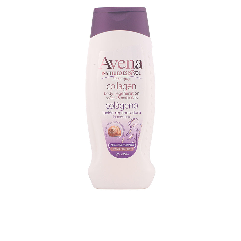 Instituto Español White and purple plastic body lotion bottle with curved shape, purple flip-top cap, embossed side dots