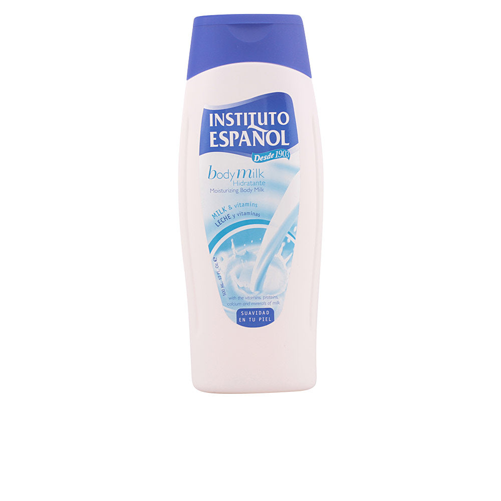 Instituto Español White and blue plastic curved body lotion bottle with flip-top cap, milk-splash label and top logo