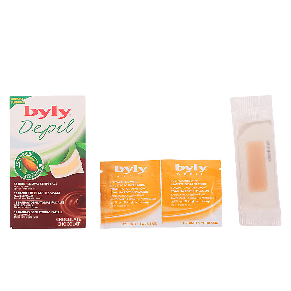 Pack of Byly facial wax strips with organic chocolate and two soothing wipes