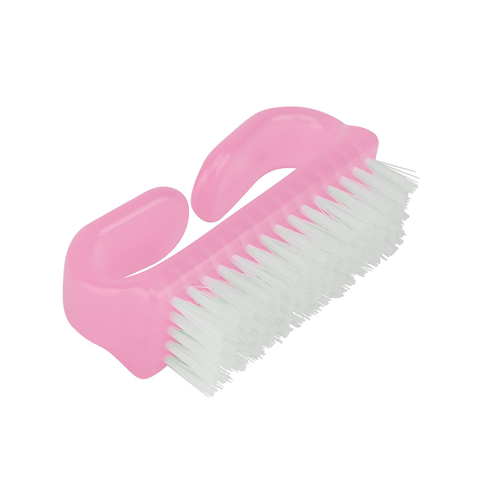 Beter Compact pink and white nail brush with curved ergonomic handle, dense synthetic bristles, plastic body