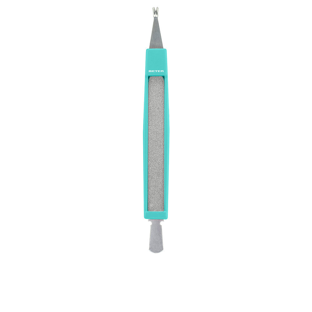 Beter Turquoise-handled double-ended metal manicure tool with silver file, forked tip and flat spatula