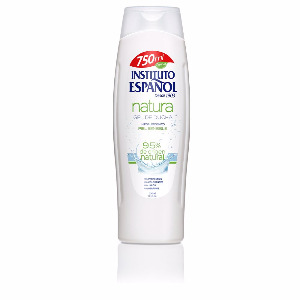 Instituto Español White shower gel in a 750 ml plastic bottle with flip-top cap, printed label and water-splash graphic