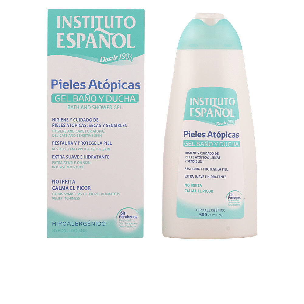 Instituto Español Minimalist rectangular box and white plastic bottle with turquoise accents, flip-top cap, bilingual text, hypoallergenic label
