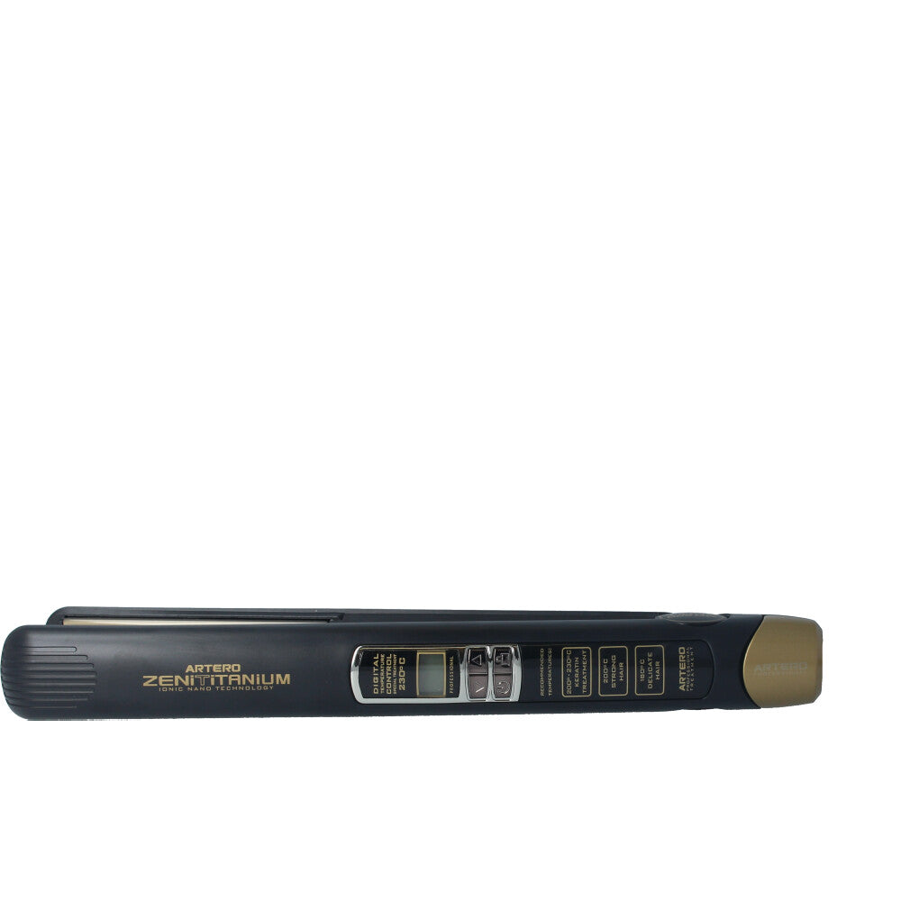 Sleek nano-titanium flat iron with digital display and thermal storage case