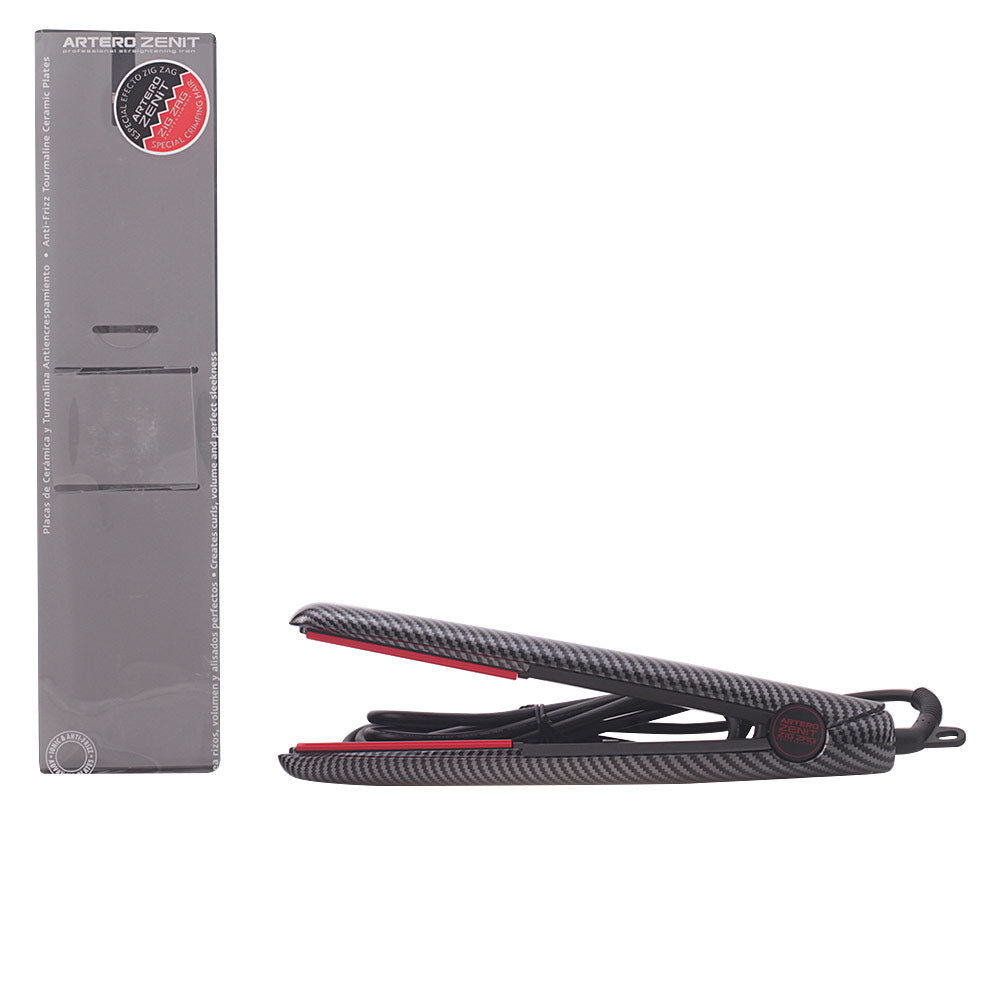 Black zigzag hair iron with ceramic-tourmaline plates and swivel cord, styling tool