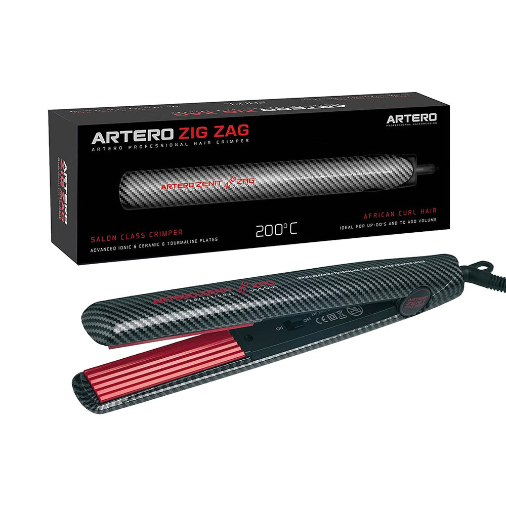 Black zigzag hair iron with ceramic-tourmaline plates and swivel cord, styling tool