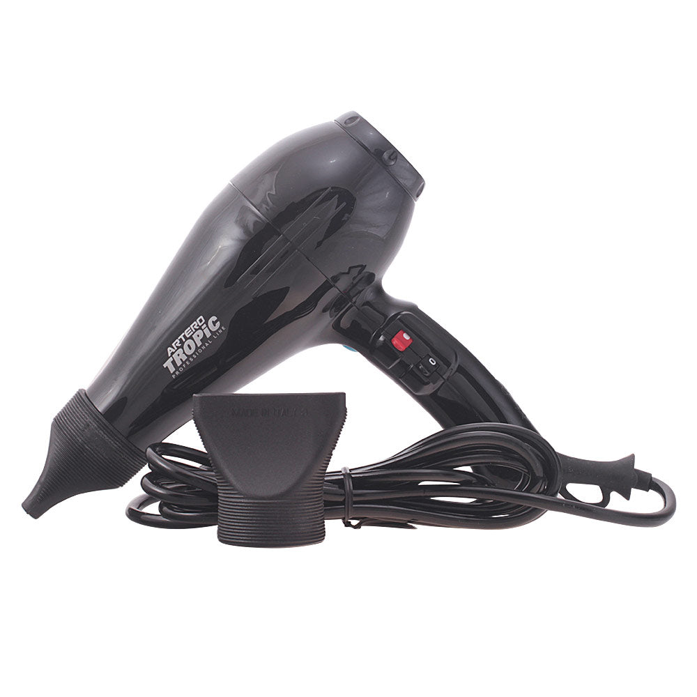Black professional hair dryer with tourmaline grille and two concentrator nozzles