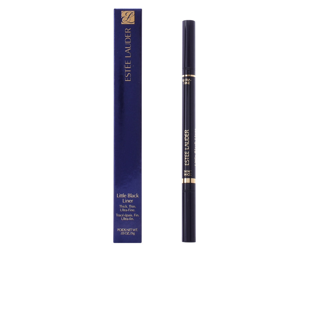 Estée Lauder Dual-ended black liquid eyeliner pen with slim matte body, gold accents, and boxed packaging