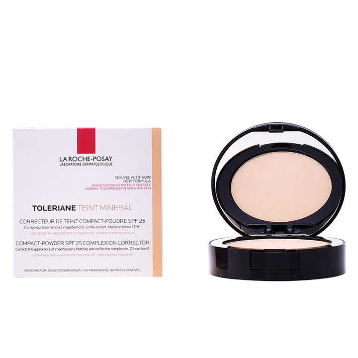 la Roche Posay Compact mineral powder in black plastic case with mirror, beige powder pan and sponge applicator
