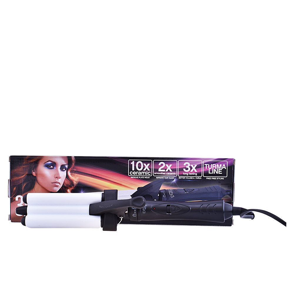 Triple-barrel tourmaline curling iron, three wave-form barrels, 360° swivel cord