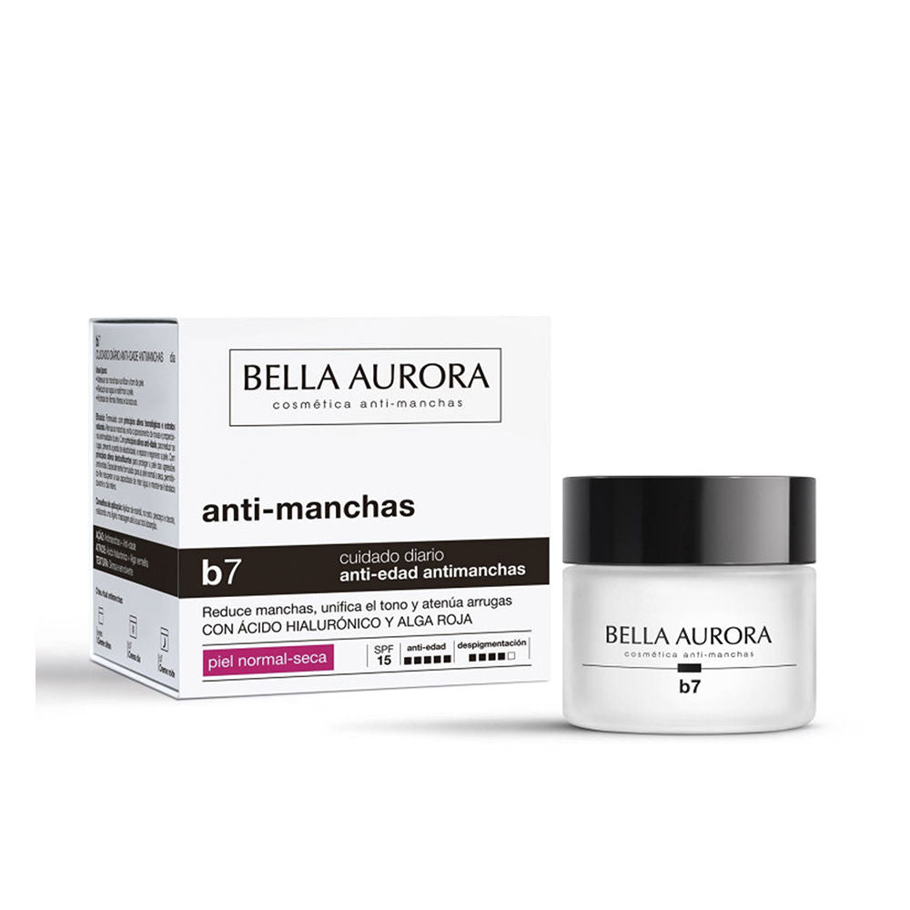 Jar of Bella Aurora B7 Brightening & Regenerating Cream with SPF15 on neutral background
