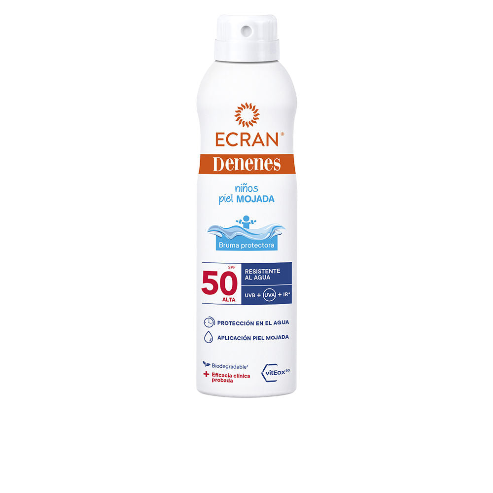 Denenes White plastic sunscreen spray with nozzle and water‑resistant mist, clean clinical styling — .