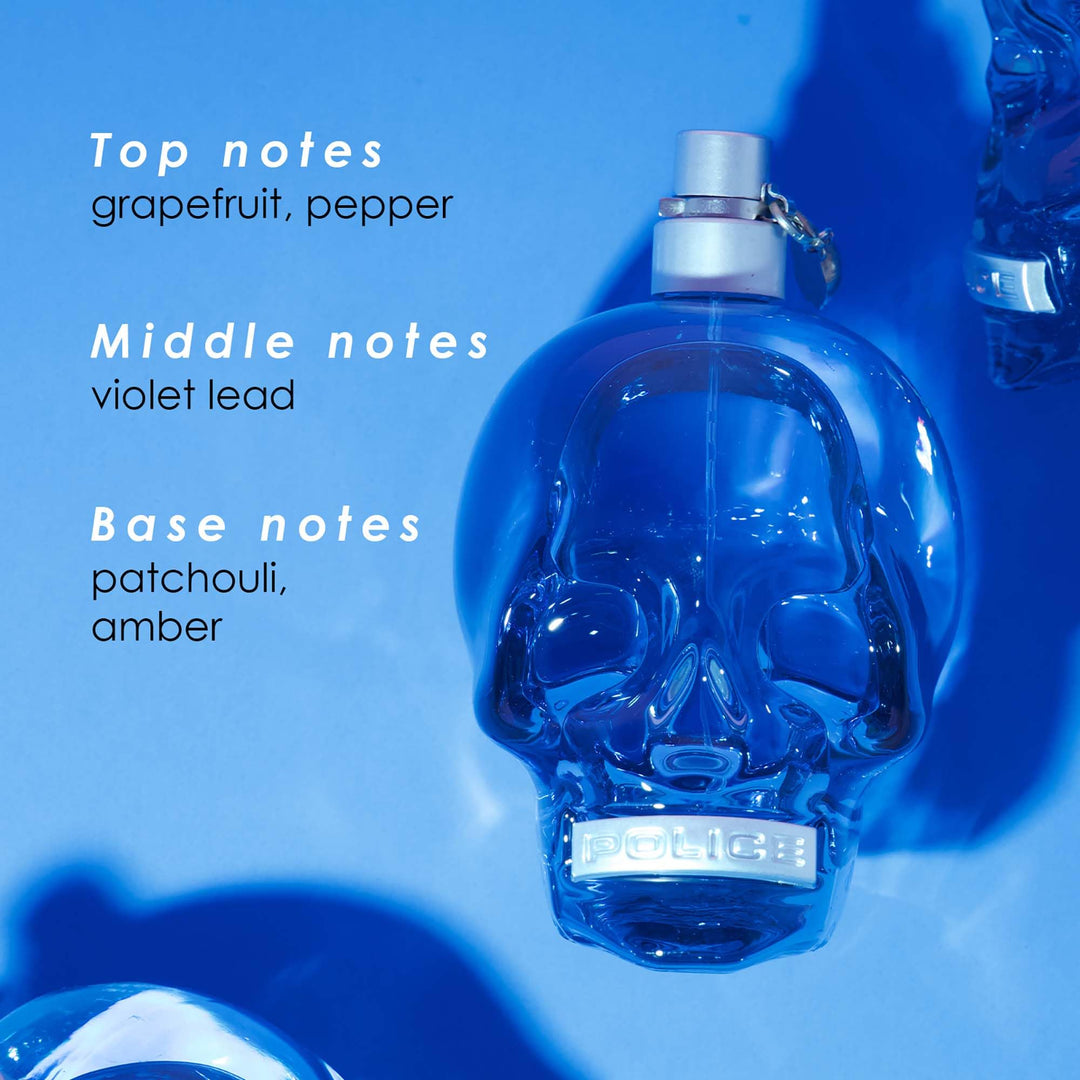 Blue clear glass skull-shaped 75 ml eau de toilette spray for Man