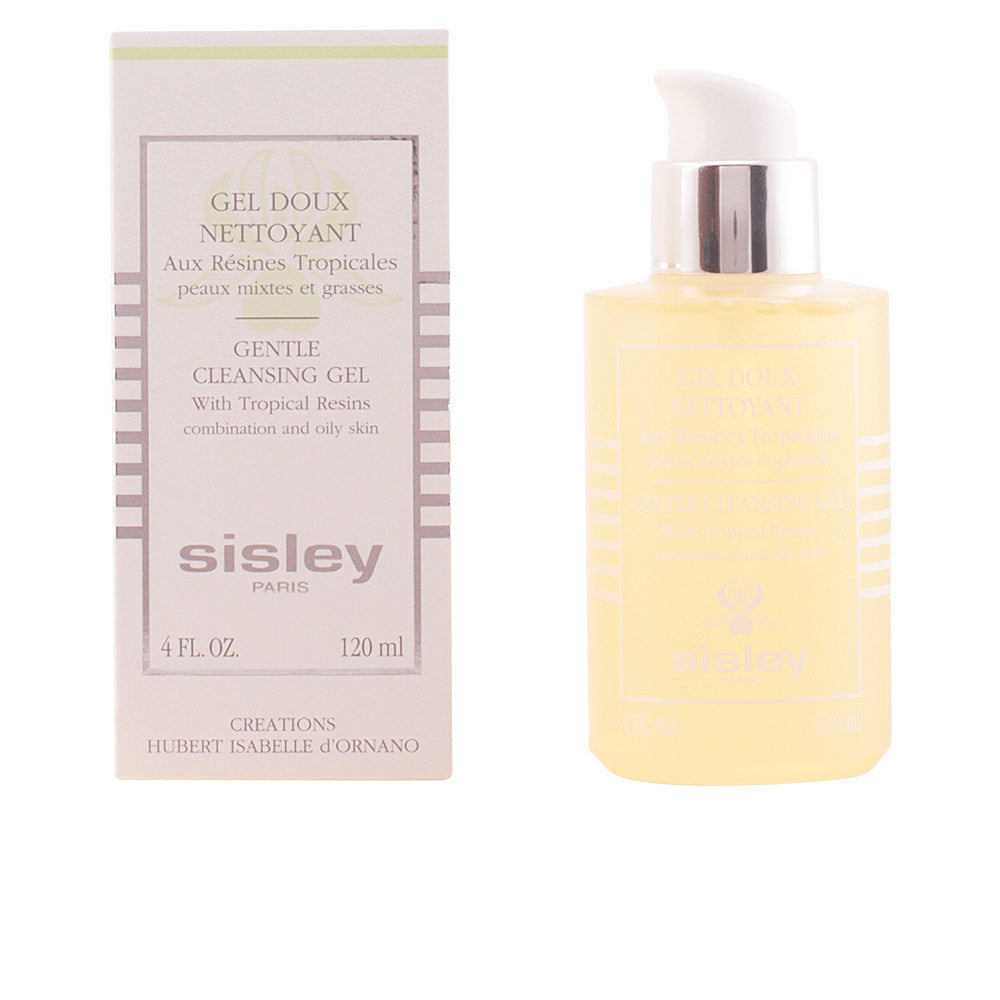 Sisley Light yellow cleansing gel in minimalist rectangular plastic bottle with pump, silver collar, printed text, box