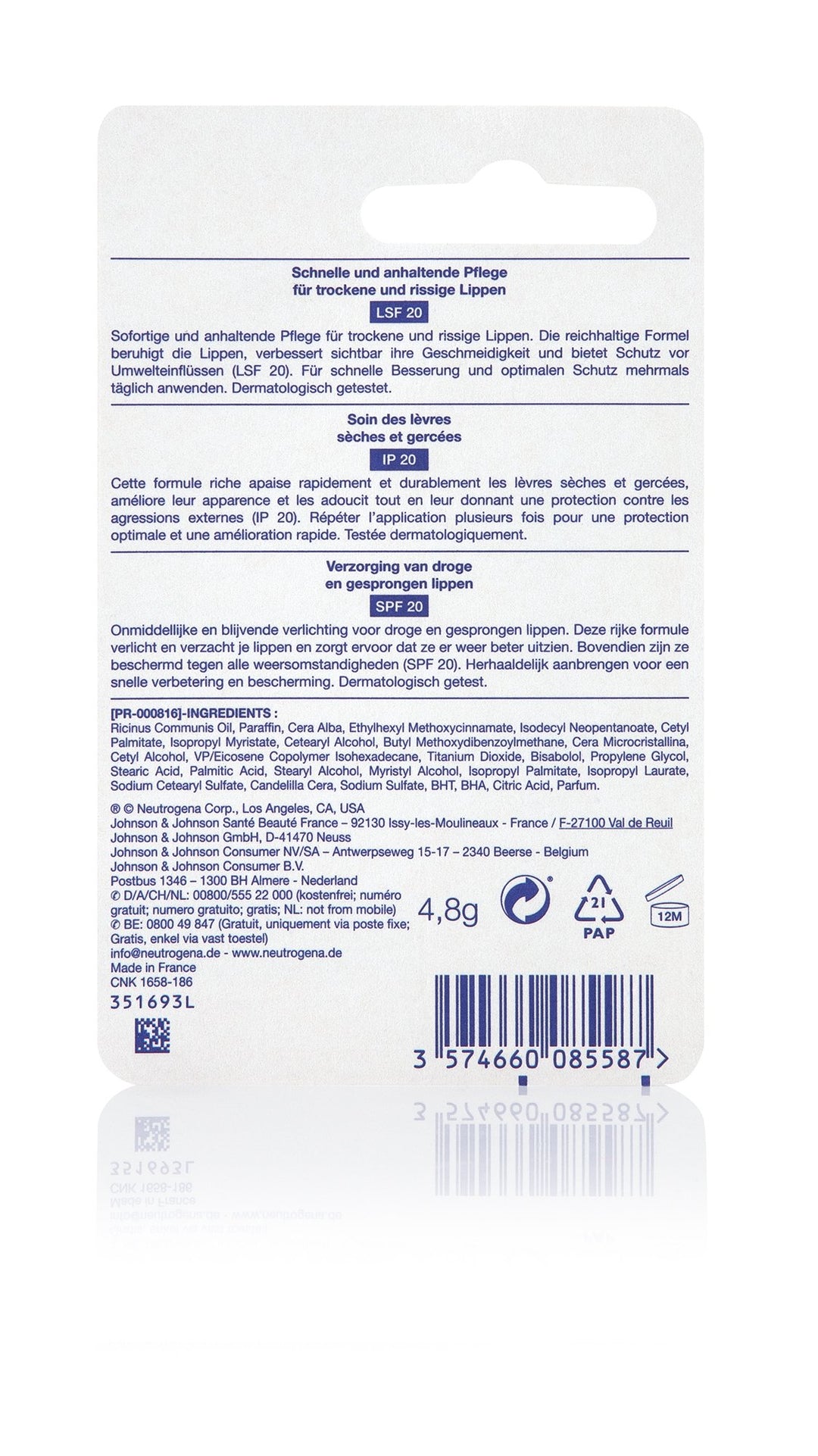 Neutrogena White plastic cylindrical lip balm with twist-up mechanism, printed text, logo, and Norwegian flag symbol