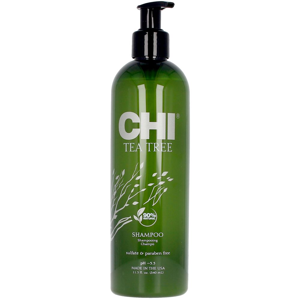 Clear 355 ml shampoo bottle labeled Tea Tree & Mint, unisex clarifying formula