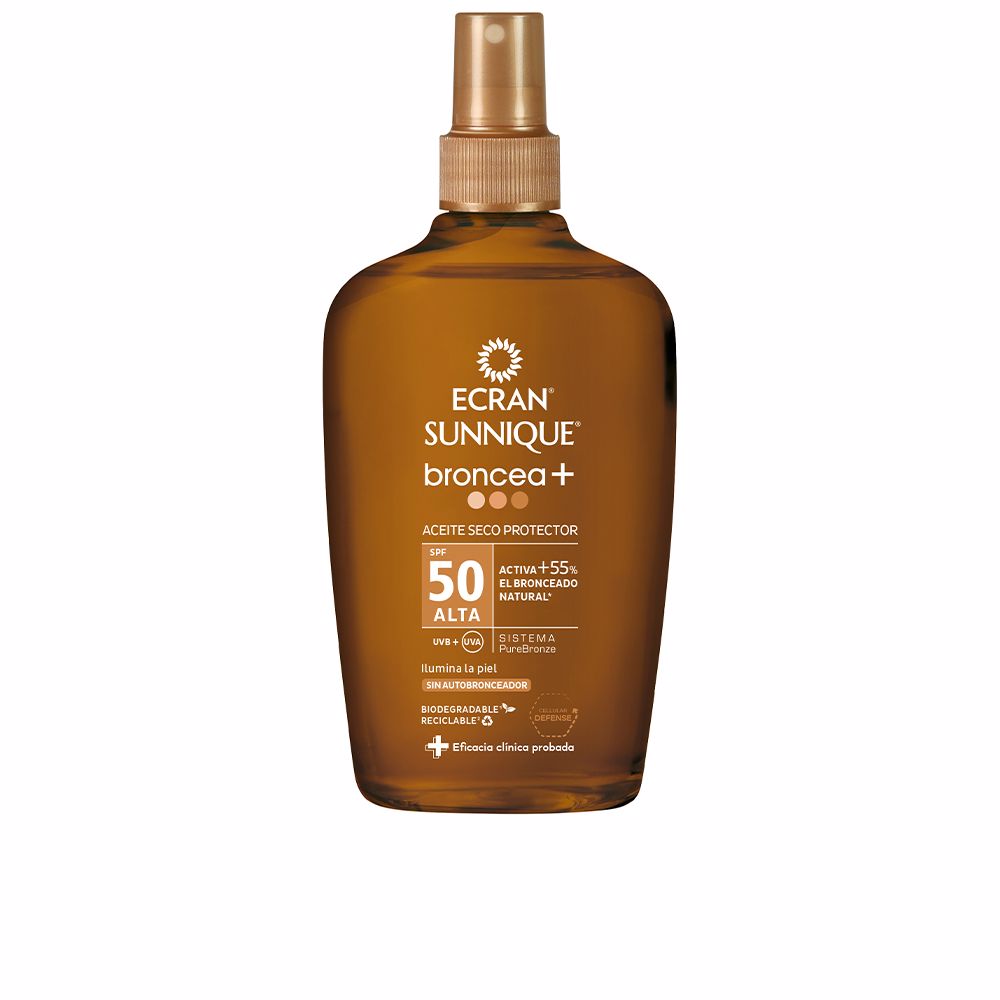 Ecran Warm brown plastic spray bottle with rounded shape and nozzle, sunscreen spray labeled SUNNIQUE