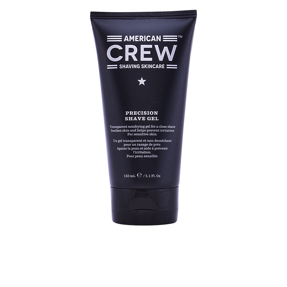 American Crew Black plastic shaving gel tube with flip-top cap, white text print, star symbol, and brand logo
