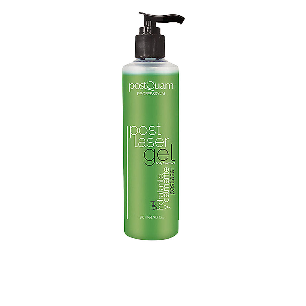Postquam Green matte plastic cylindrical body gel with pump dispenser and white text, photographed against neutral background