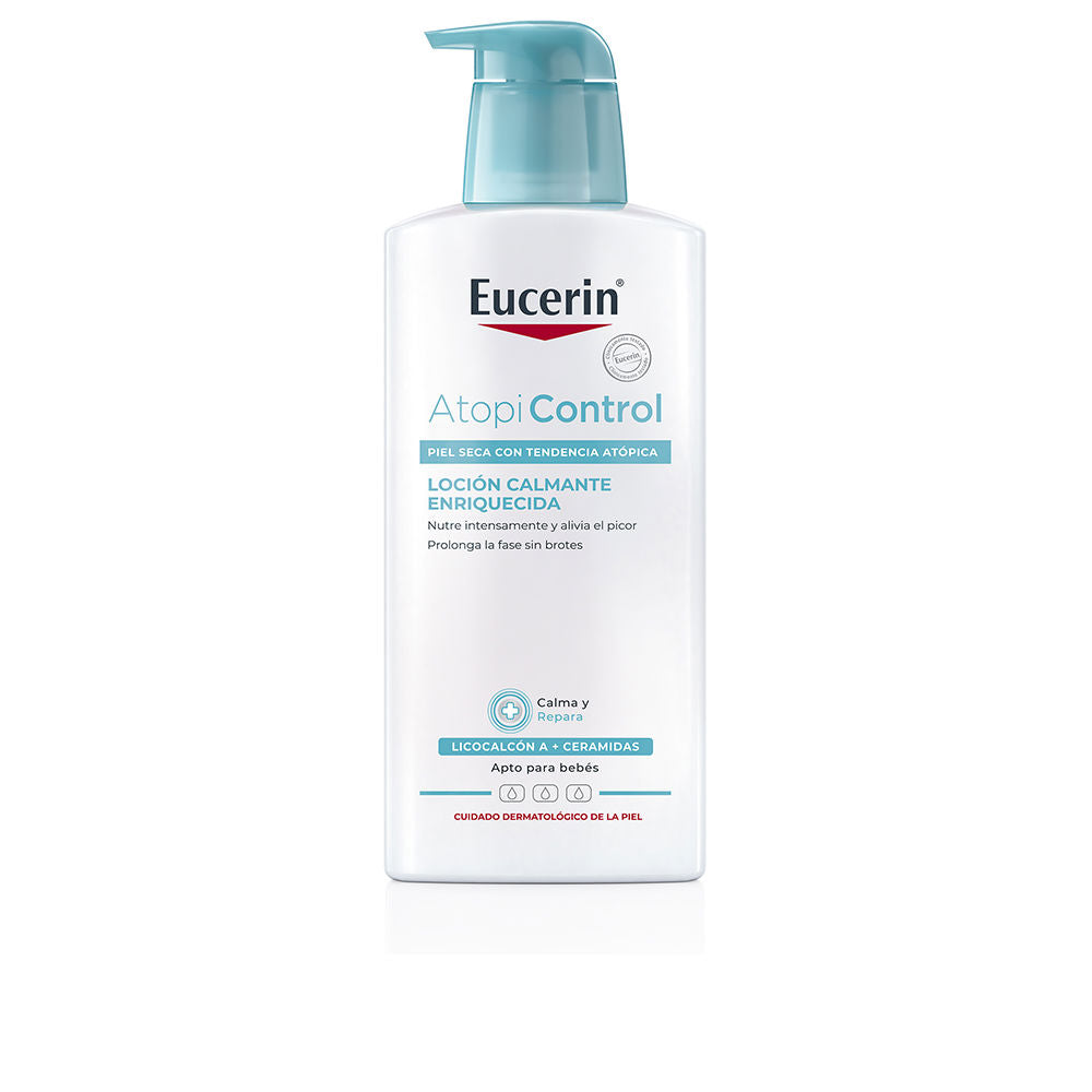 White and light-blue plastic lotion bottle with pump dispenser, clinical text and logo on front, Eucerin