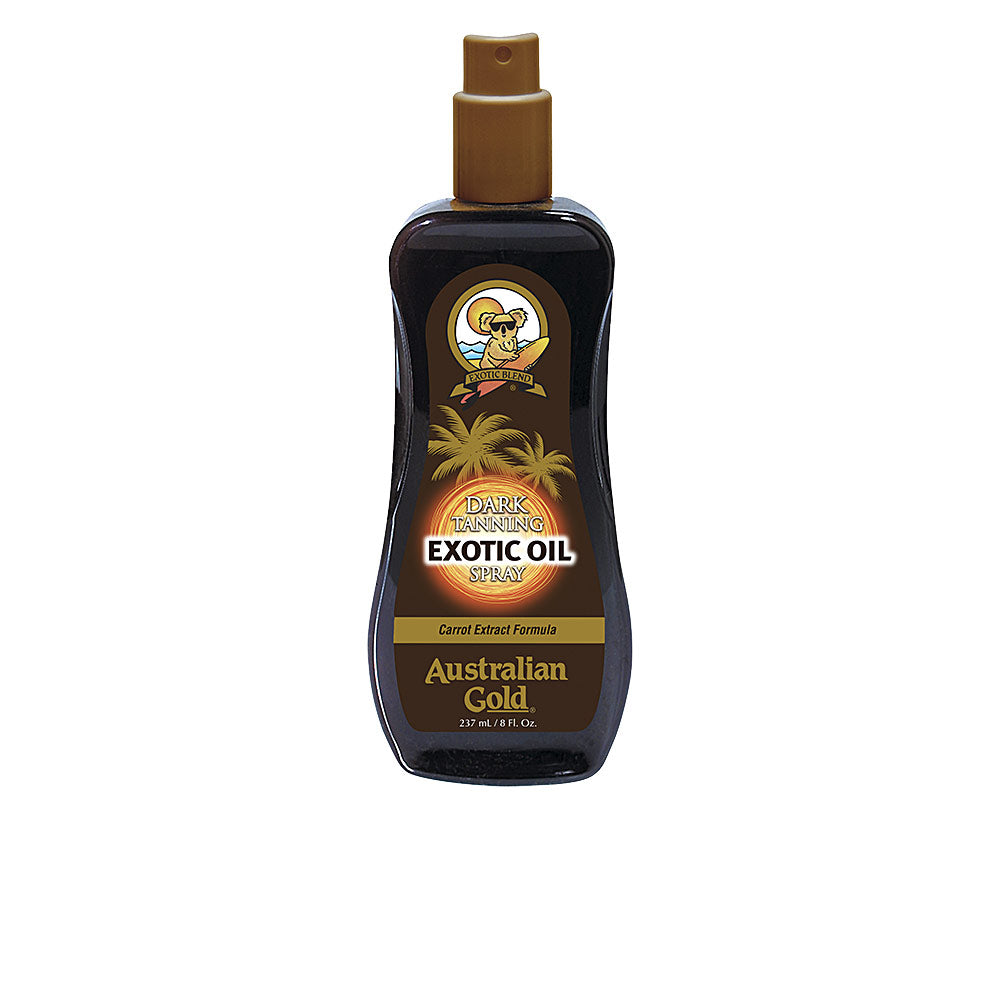 Brown plastic curved spray bottle with palm-tree label, spray nozzle and koala logo, Australian Gold