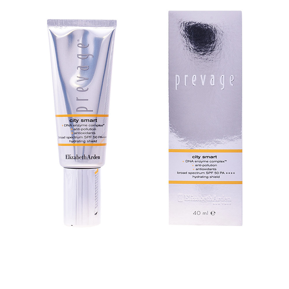 Elizabeth Arden Silver plastic tube sunscreen with shiny metallic finish, orange horizontal lines and screw cap