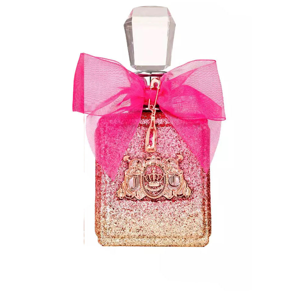 100 ml pink-metallic perfume bottle with fuchsia bow, floral–fruity fragrance
