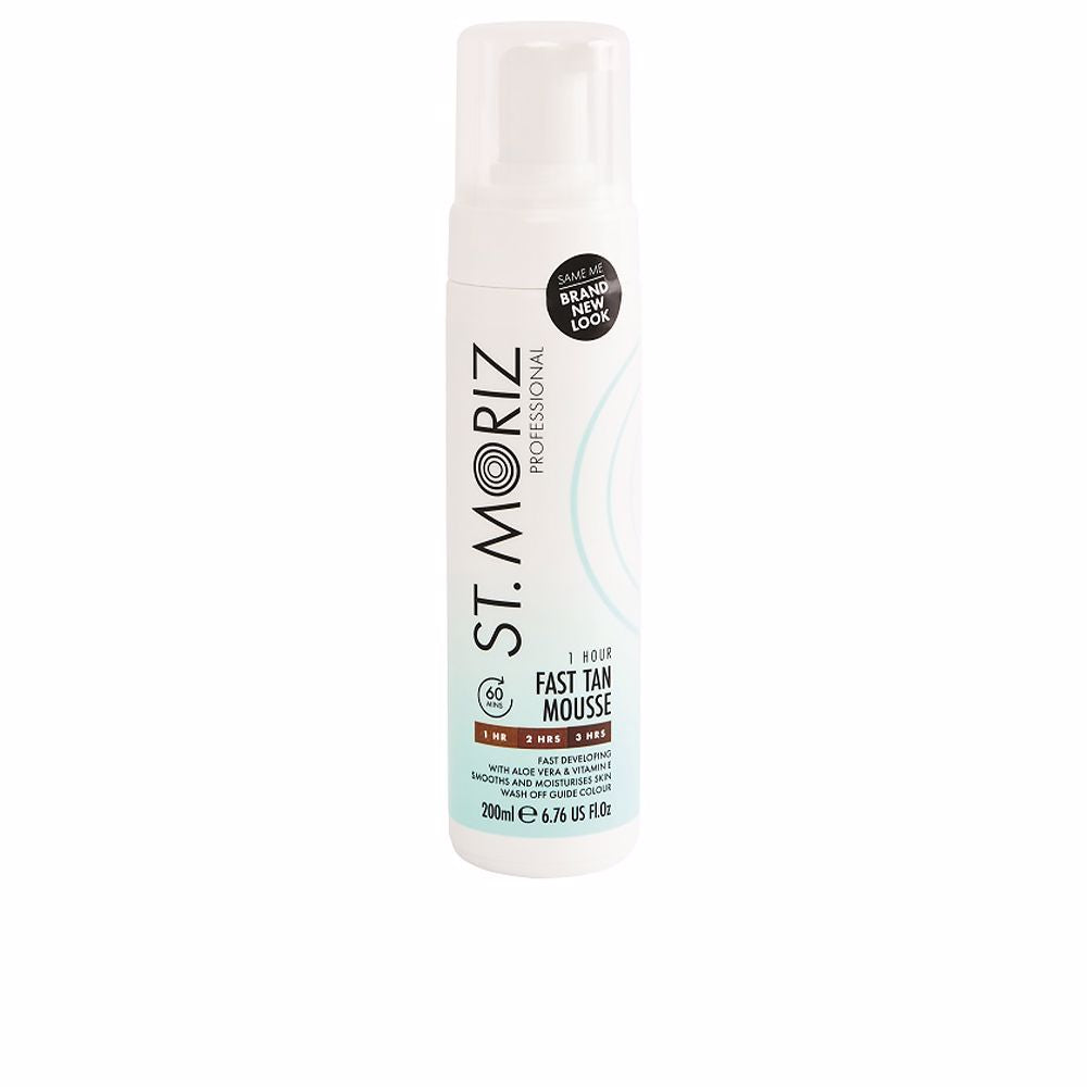 St. Moriz White cylindrical plastic pump bottle with gradient blue design, black circular label and printed text, minimalist