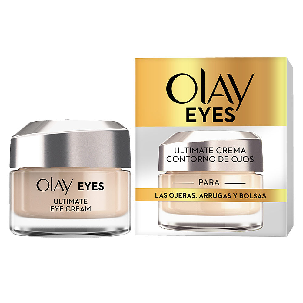 Beige and silver eye cream jar with gold accents beside its box, modern clean styling, Olay.