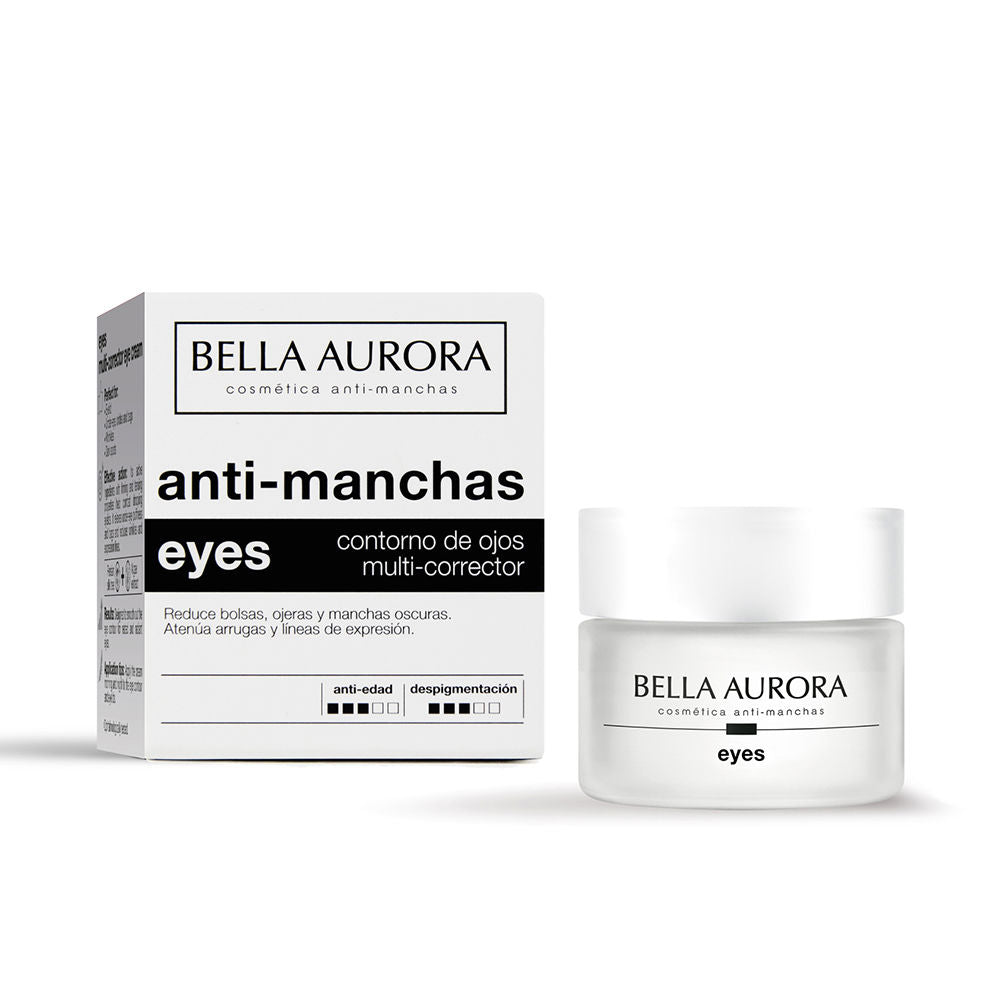 Bella Aurora Minimalist white plastic jar eye cream with white screw cap, black-and-white label and informational box