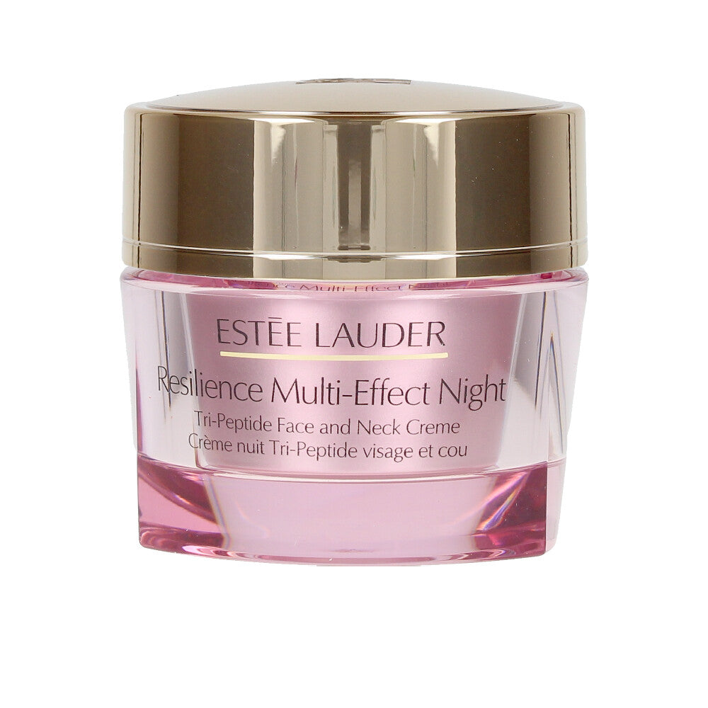 Pink and gold plastic face and neck creme jar with transparent container and screw-on lid, Estée Lauder