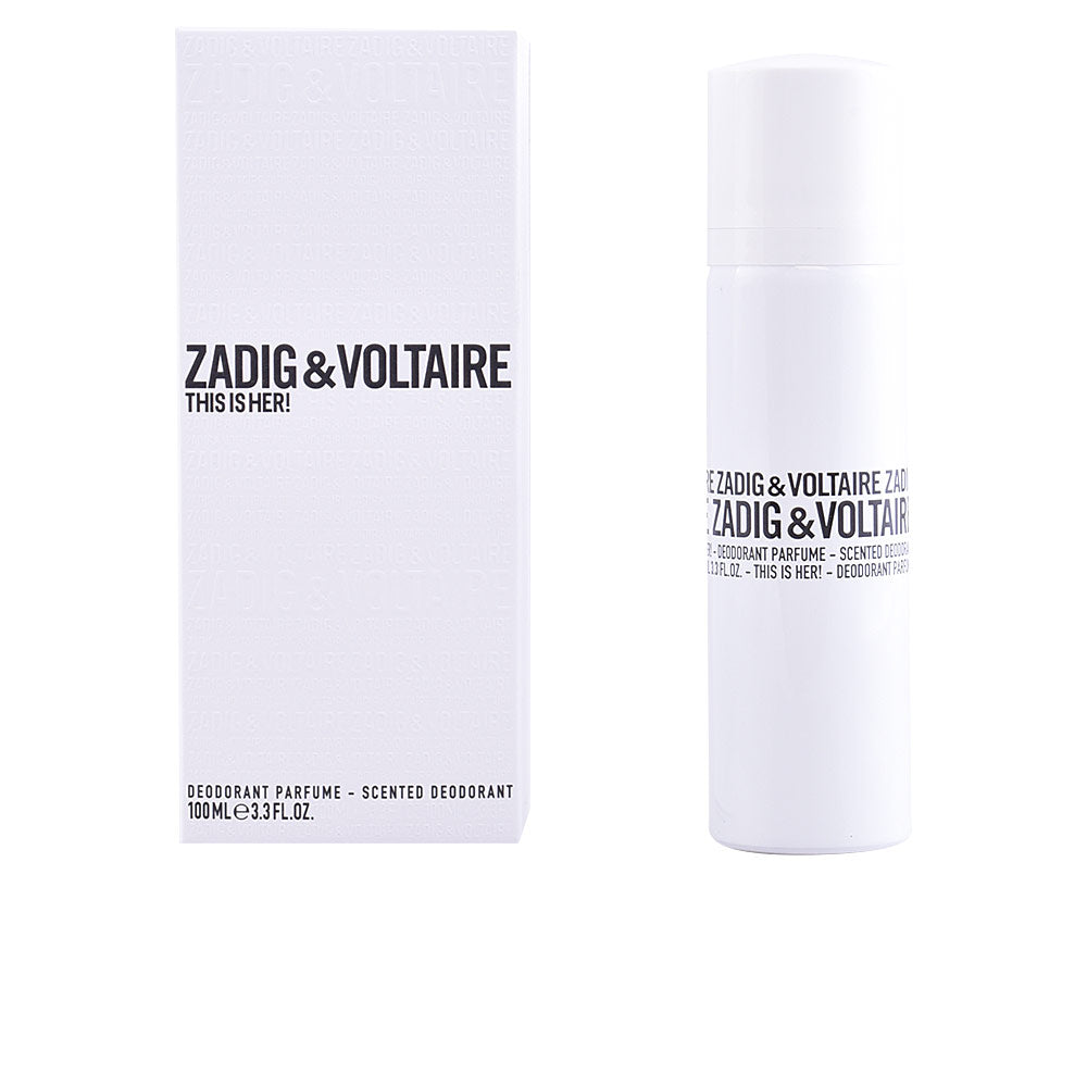 White cylindrical deodorant spray with removable cap, black bold text, minimalist compact design, Zadig & Voltaire