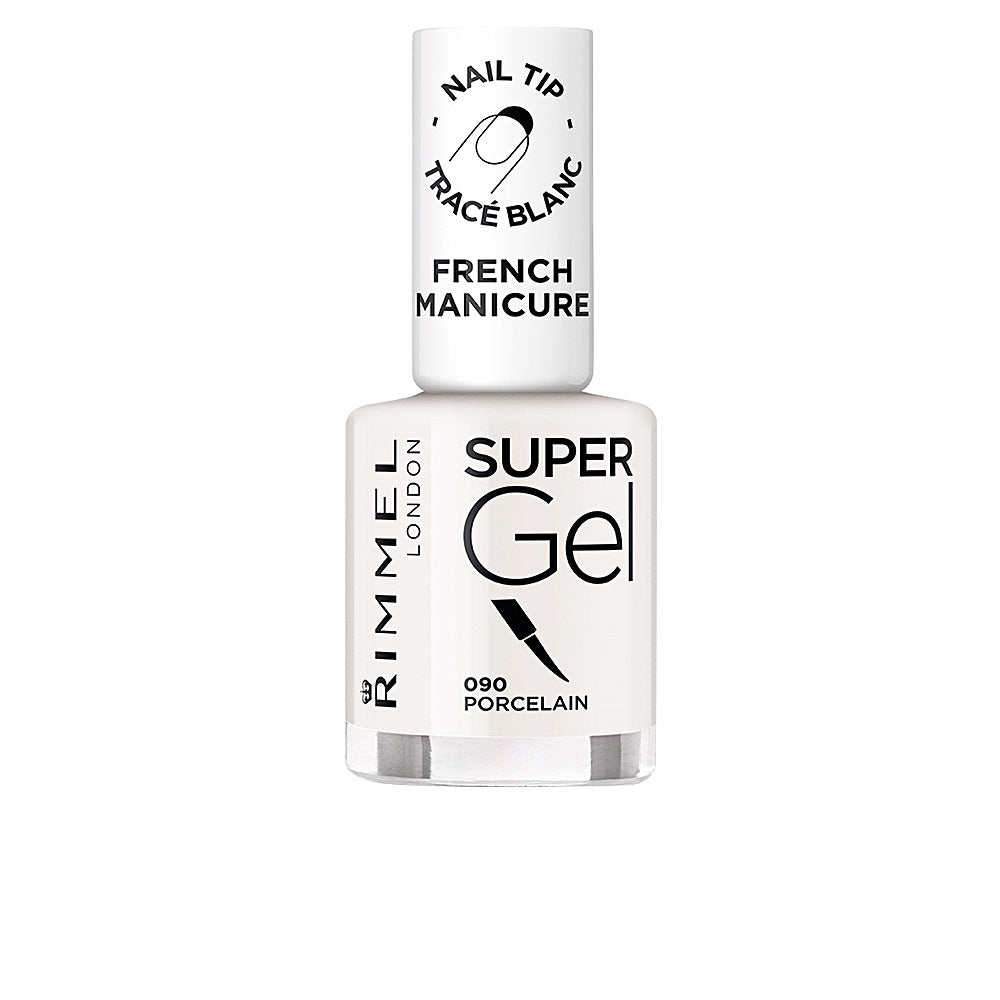 Rimmel Glass and plastic cylindrical nail polish bottle with white cap, French manicure finish, brush icon