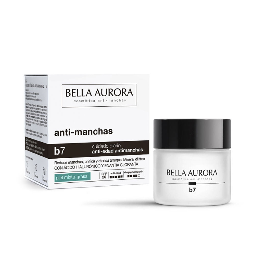 Bella Aurora White face cream jar with black lid beside matching box, minimalist typography and SPF 20 label, Bella Jules