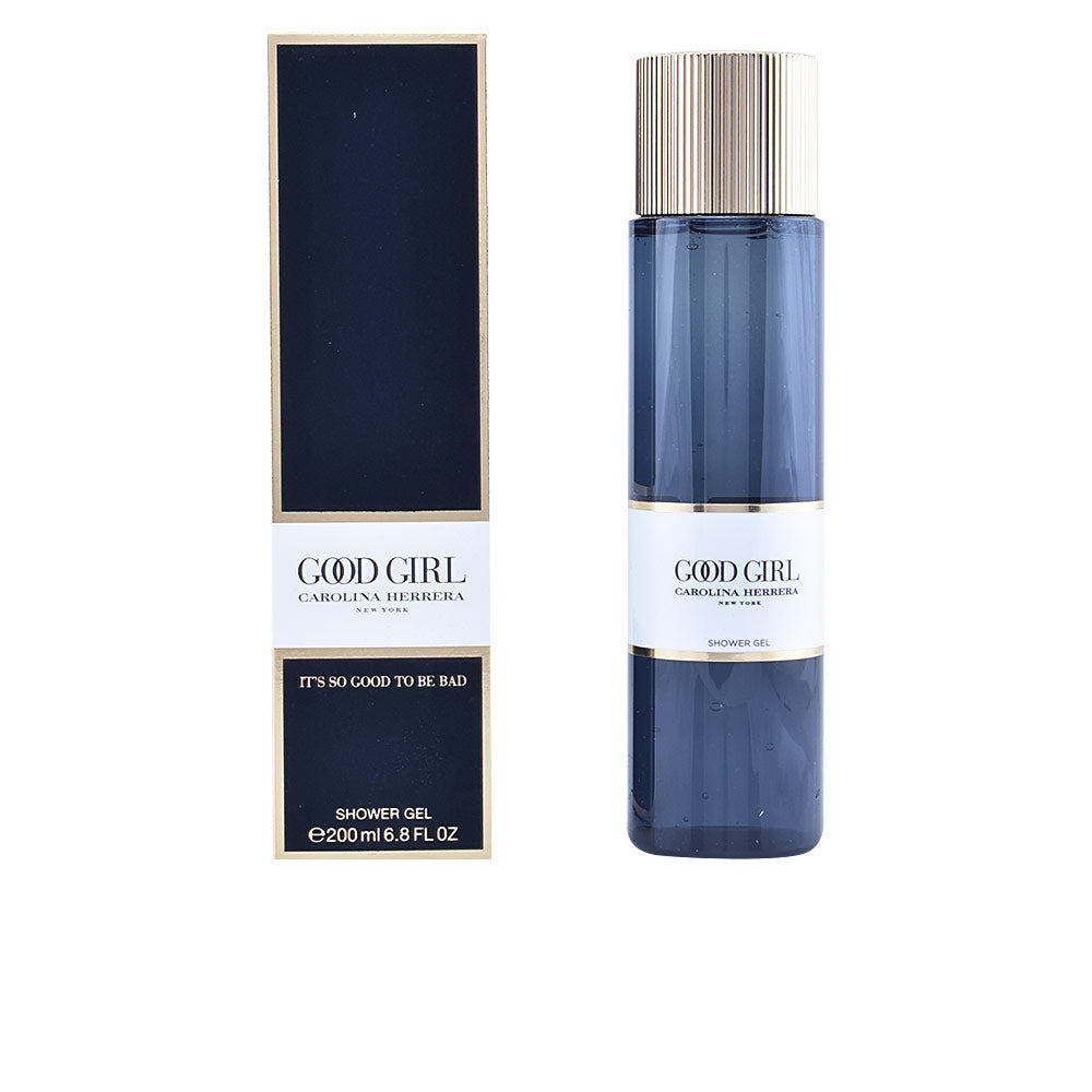 Carolina Herrera Dark blue cylindrical shower gel bottle with ribbed gold cap beside matching rectangular box, plastic and cardboard