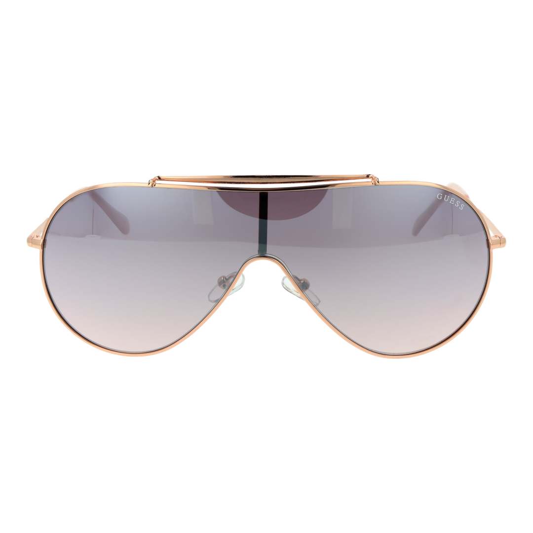 Rose gold aviator sunglasses with thin double-bridge frame and purple-to-grey gradient lenses on white background