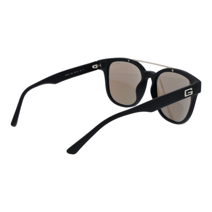 Unisex black plastic sunglasses with blue‑purple mirrored lenses and thin metal bridge, temple logo visible