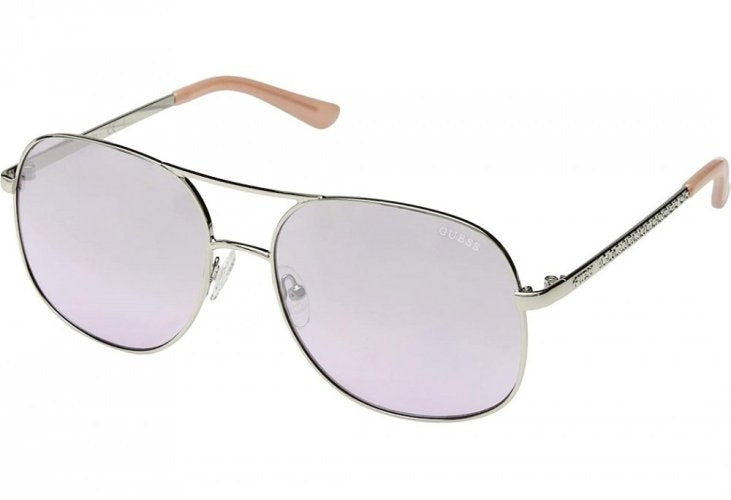 Silver metal aviator sunglasses with gradient lenses, pink temple tips, decorative temples, leather case and cloth