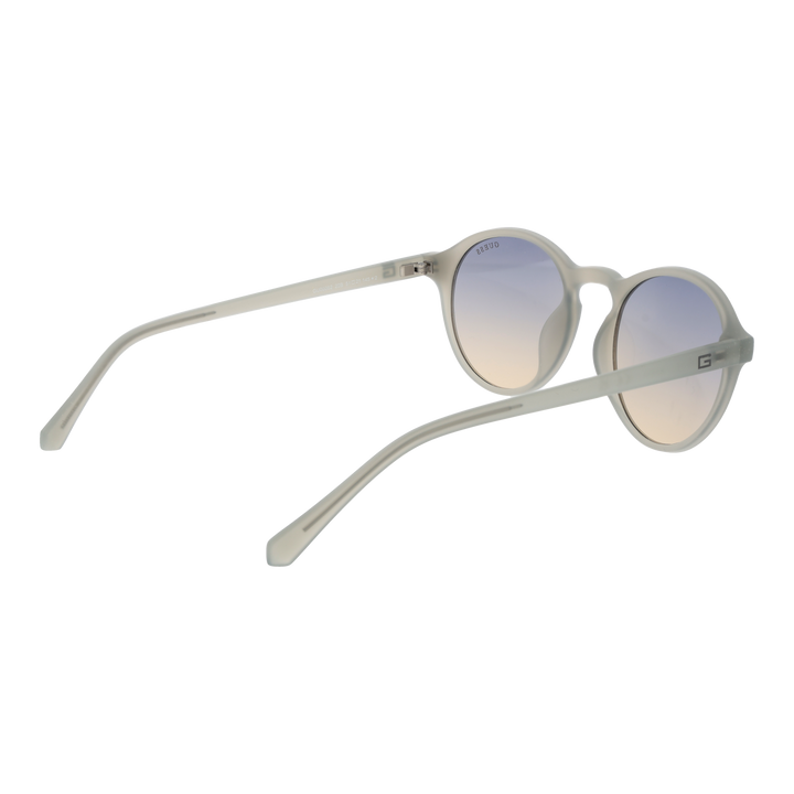 Translucent gray round sunglasses, blue-to-beige gradient lenses, keyhole bridge, plastic frame on white