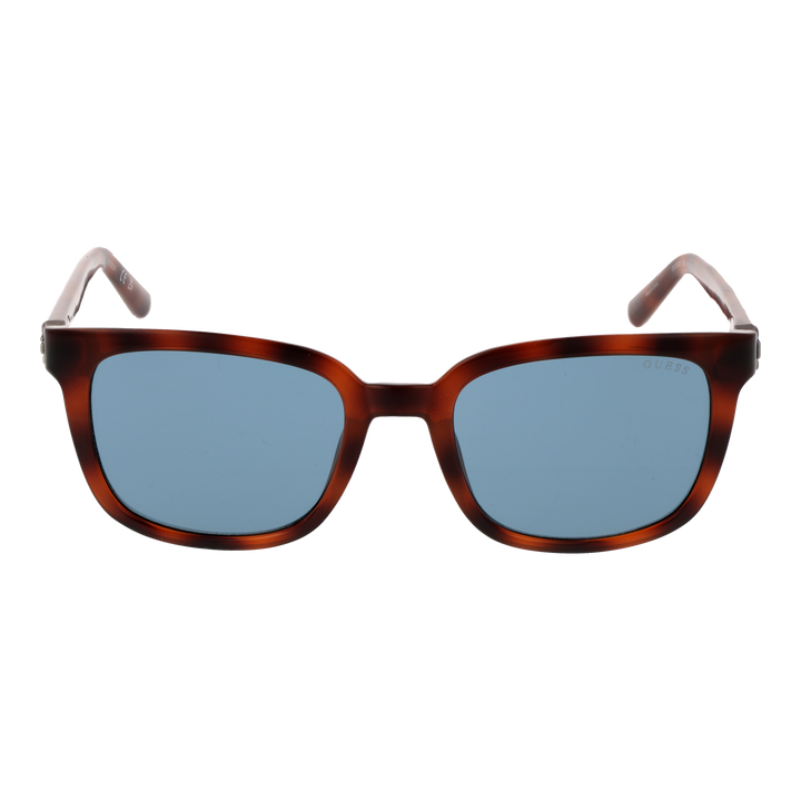 Tortoise brown plastic square sunglasses with blue lenses and metal logo on temples, Unisex