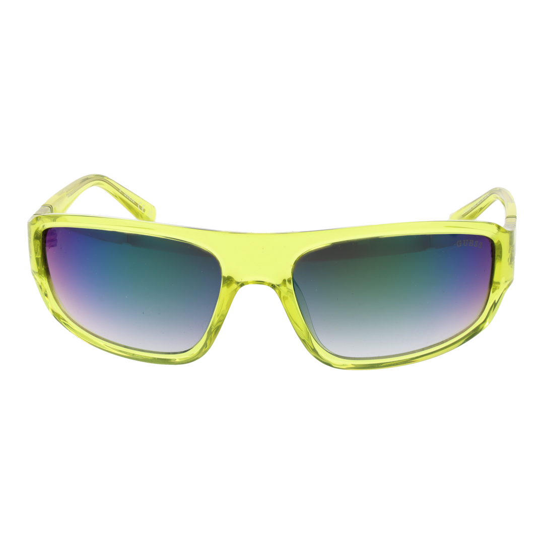 Unisex transparent yellow-green plastic sunglasses with rectangular purple-to-blue gradient lenses and logo on temples
